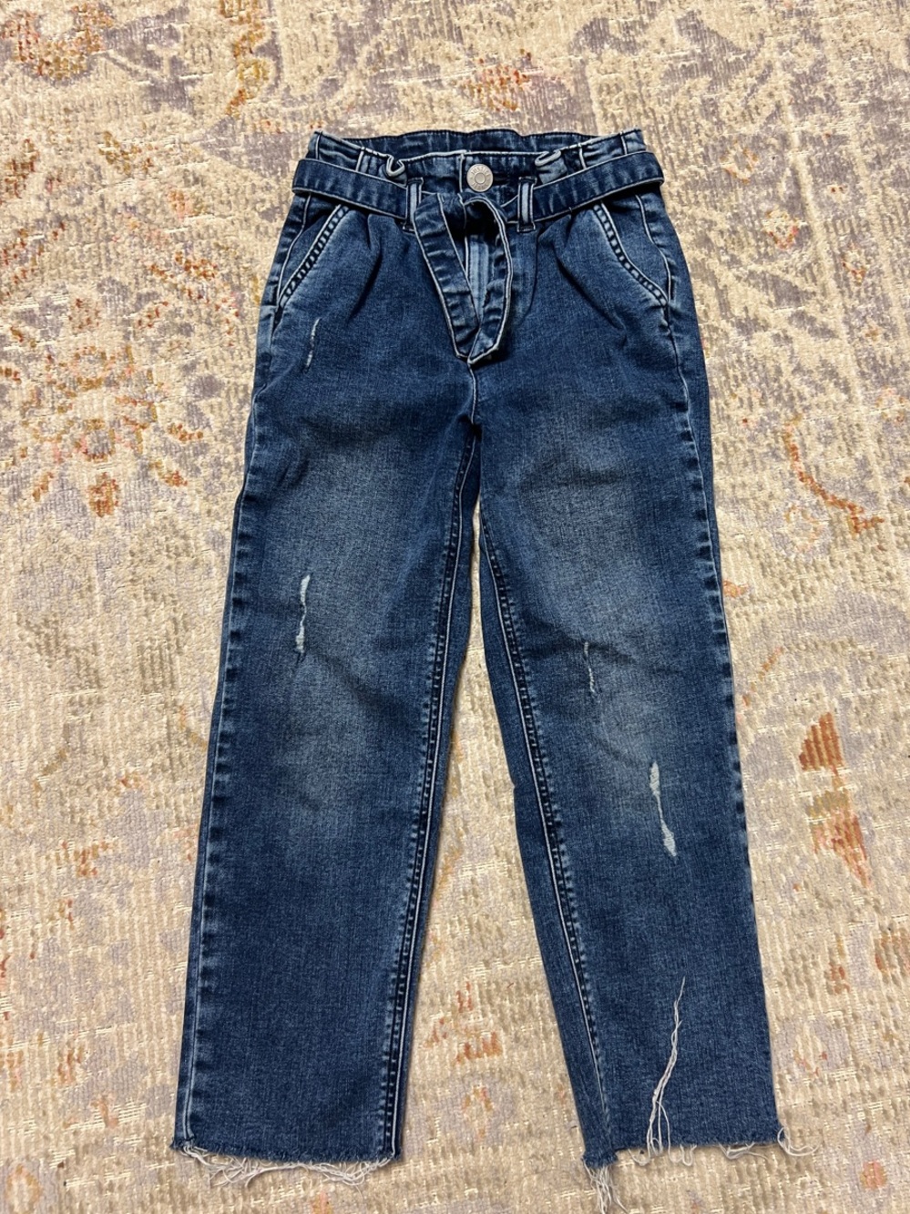 Justice Girls Distressed Paperbag Waist Jeans with Self-Tie Belt